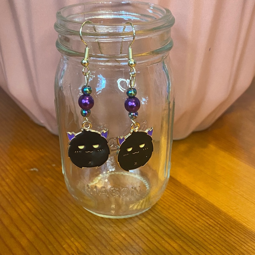 Hand Crafted Black and Purple Cat Earrings